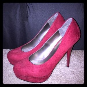 Red suede platform heels